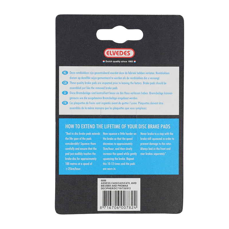 Plaquettes de frein VTT Elvedes Avid BB5 - BB3, Promax Decipher - DC710 - 720 - 913 - DSK-300(R) - 310 - 330R - 715 (soft organic) - vue 3