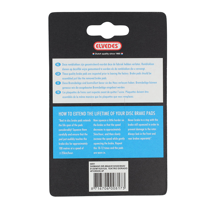 Plaquettes de frein VTT Elvedes soft organic Shimano XTR M9120 XT M8120-M8020 SLX M7120 Saint M820-M640-810 Zee M640 MT520 (paire) - vue 3