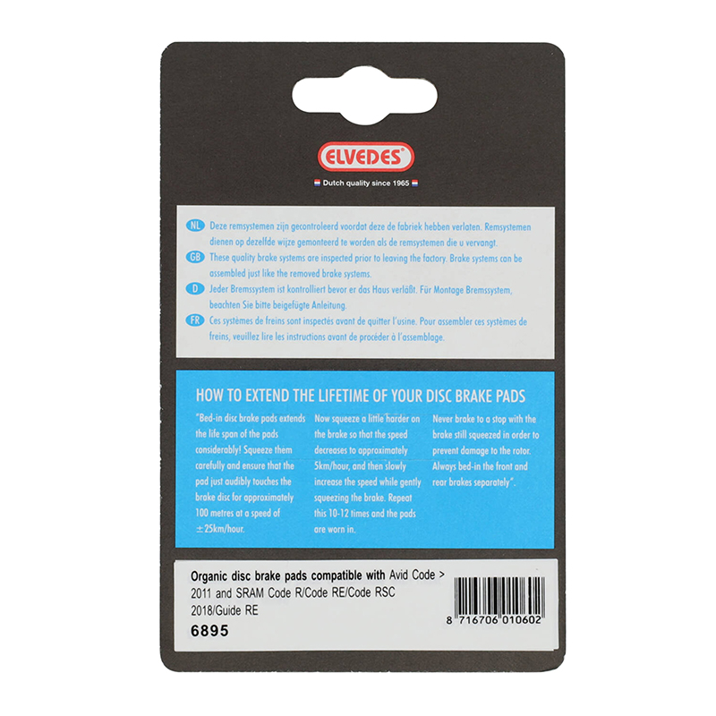 Plaquettes de frein VTT Elvedes Soft Organic Avid Sram Code R / Code RSC / Guide / DB8 (après 2011) - vue 3