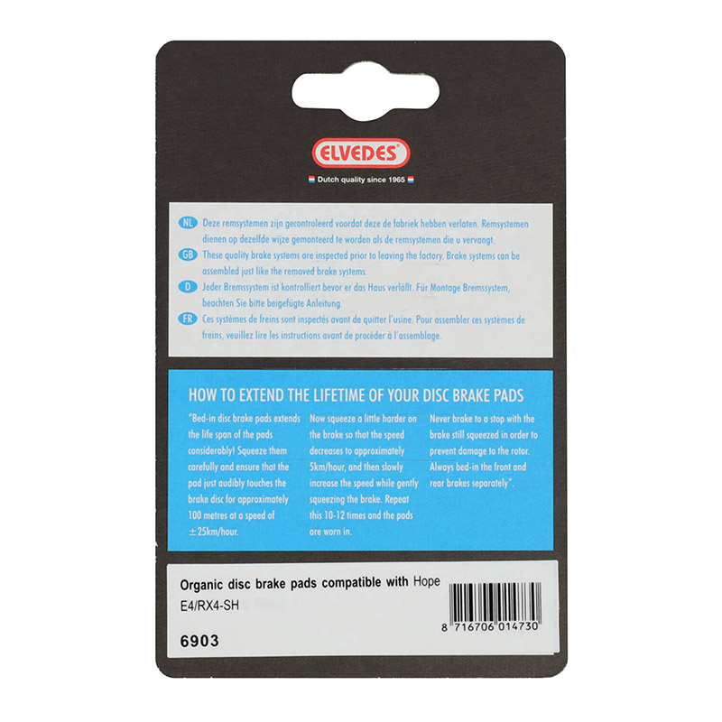 Plaquettes de frein VTT Elvedes Organic Soft pour Hope E4/RX4 (paire) - vue 3