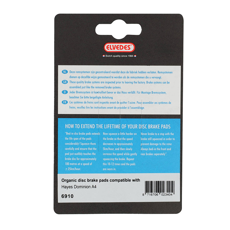 Plaquettes de frein VTT Hayes Dominion A4 Elvedes soft organic (paire) - vue 3