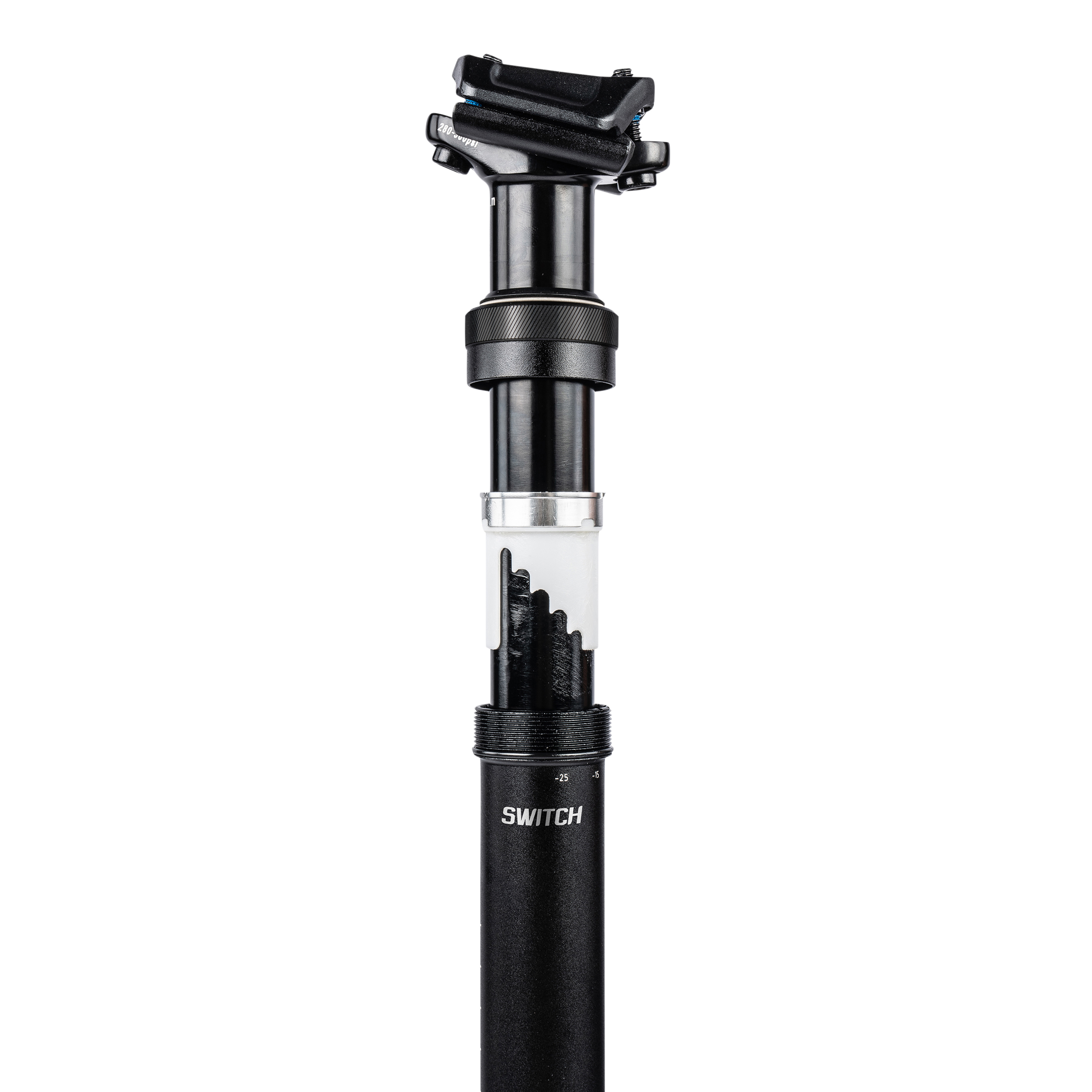 Tige de selle VTT telescopique Switch SWR-150 alu noir diam. 31.6 L451MM (reglage par cable interne debattement reglable 160-135MM par palier 5MM) fixation cintre - cartouche air avec pression - vue 4