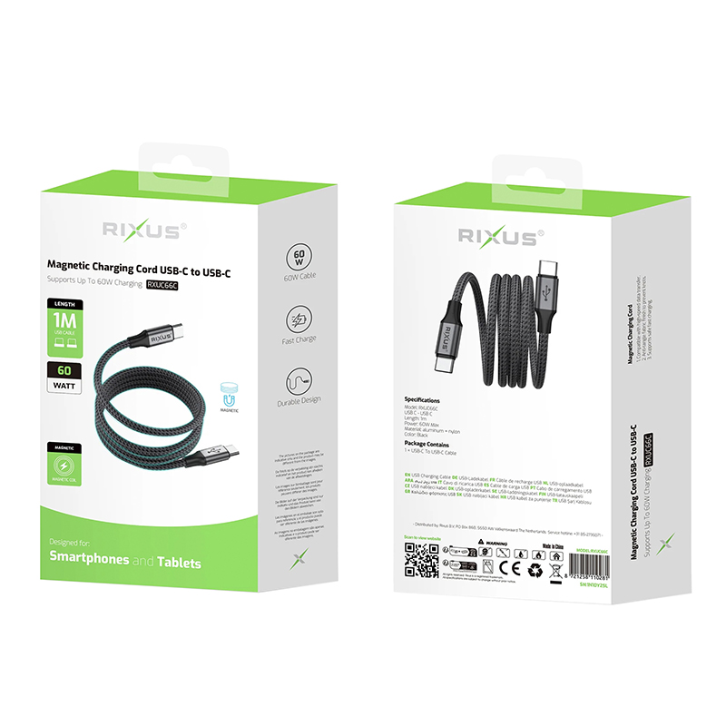 Cable de chargement usb-c rixus magnetique noir 1M 60W (vendu a l'unite) -RXUC66C - vue 4