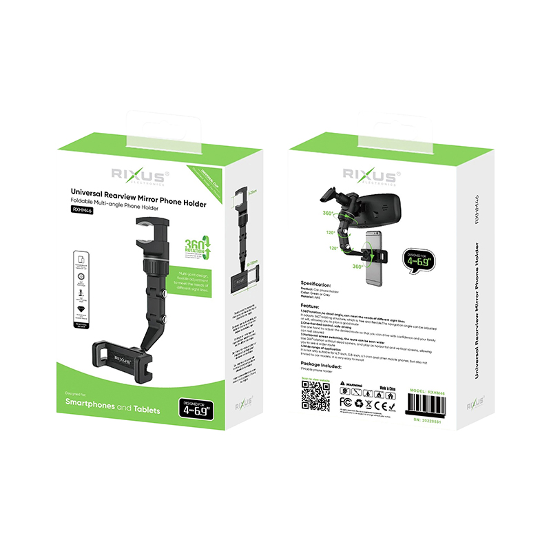 Support smartphone universel Rixus à pince rotation 360° noir fixation rétroviseur - RXHM46 - vue 3