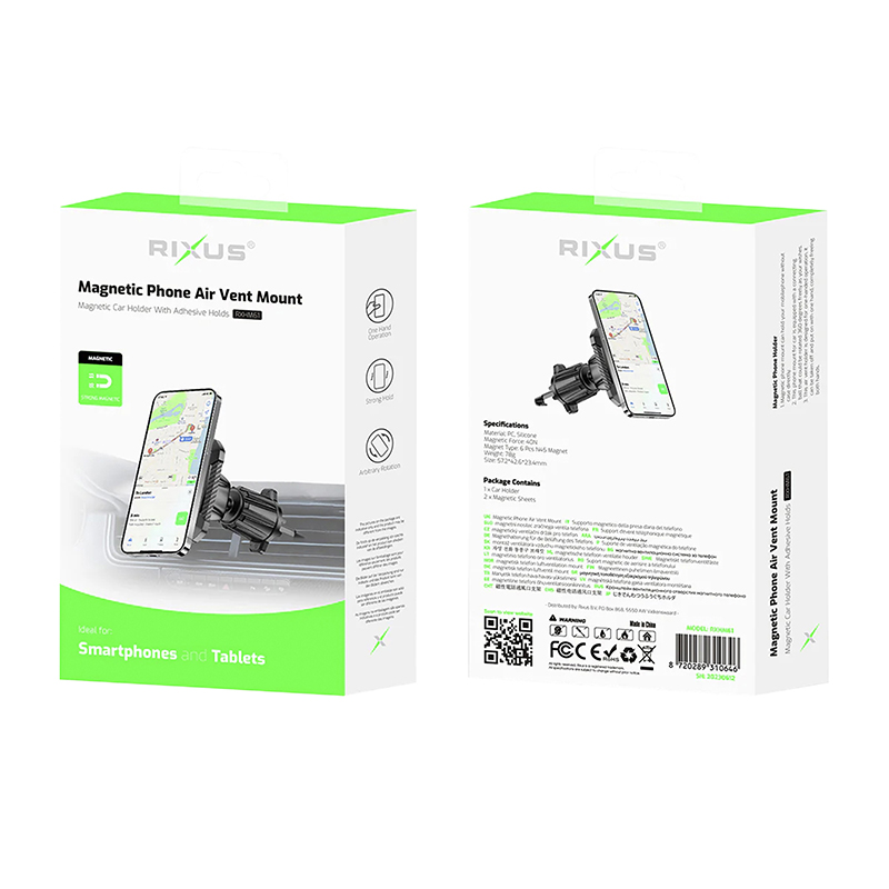 Support smartphone Rixus universel rectangle magnétique rotation 360° gris fixation grille ventilation voiture RXHM61 - vue 4