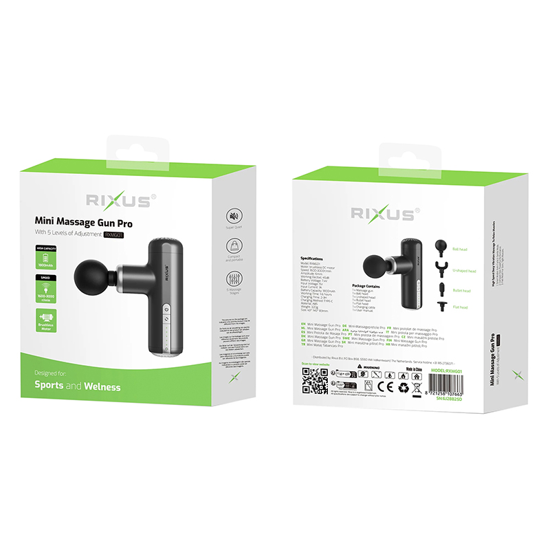 Mini pistolet de massage Rixus 4 têtes 18 000 mAh 5V noir autonomie 1-6 heures câble USB-C inclus RXMG01 - vue 4