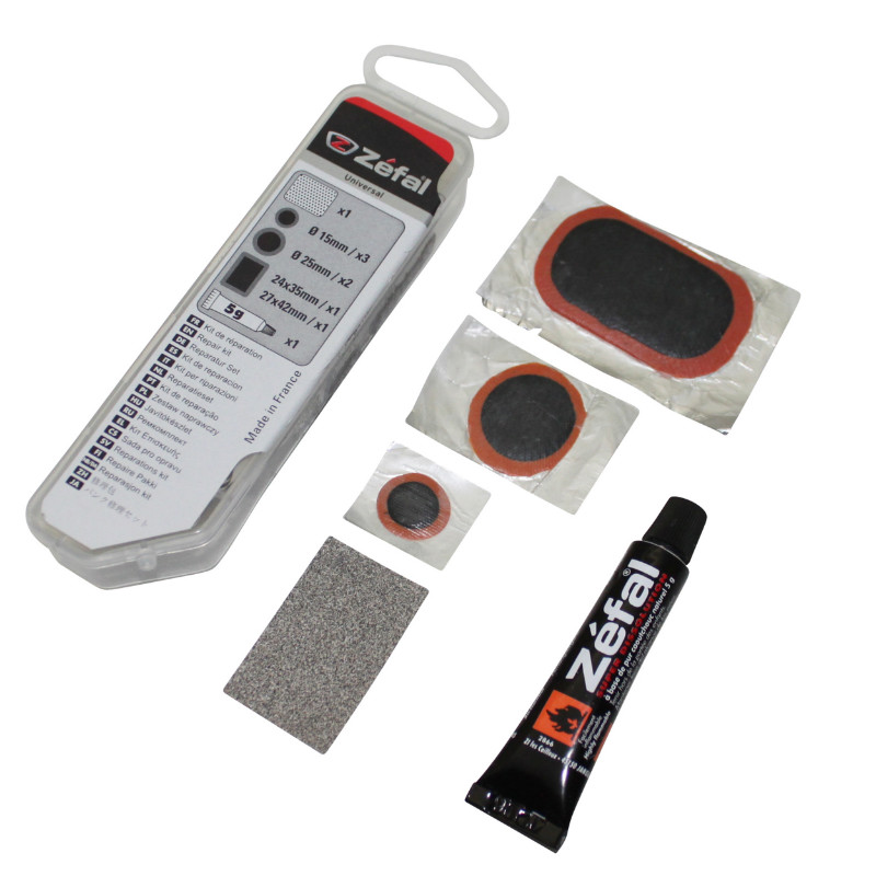Kit reparation chambre a air Zefal universel - boite (6 patchs 25MM + 2 patchs 24X35MM + colle + rape acier) avec notice