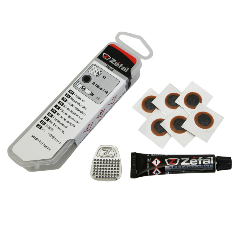 Kit réparation chambre à air Zefal route - 6 patchs 15 mm + colle 5 g + râpe acier