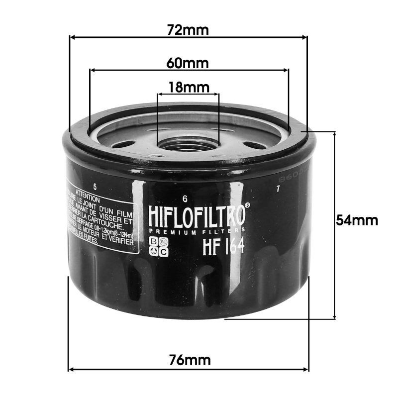 Filtre a huile moto adaptable BMW 600 sport 2012+, 650 GT 2012+, 1200 r GS, 1200 r r, 1200 r s, 1200 r ST, 1200 r RT, 1600 k GT - kymco 550 CV3 2021+ (76X54MM) -Hiflofiltro HF164 - vue 2