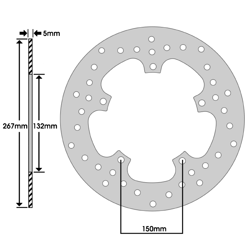 Disque de frein NEWFREN adaptable Yamaha 800 FZ8 Fazer 2011-2015 AR / 800 FZ8 S Fazer 2011-2015 AR / 125 X-MAX 2006-2017 AV (Ø 267 mm - int 132 mm - 5 trous) DF4088A - vue 2
