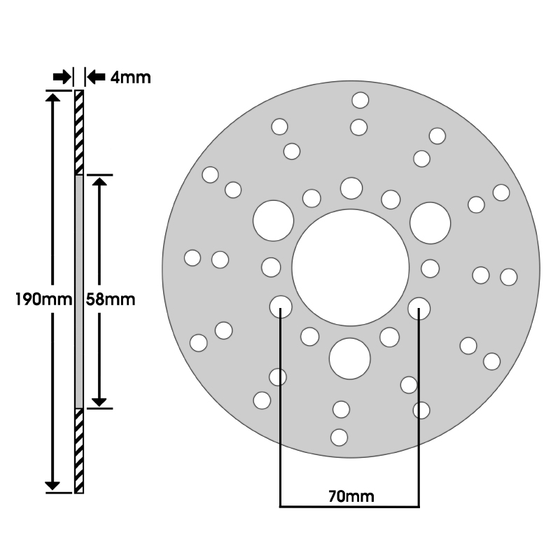 Disque de frein adaptable MBK 50 nitro 1997+ av-ar, stunt 2000+ av - yamaha 50 aerox 1997+ av-ar, slider 2000+ av (ext 190MM - int 58MM - 3X3 trous) -P2R - vue 2