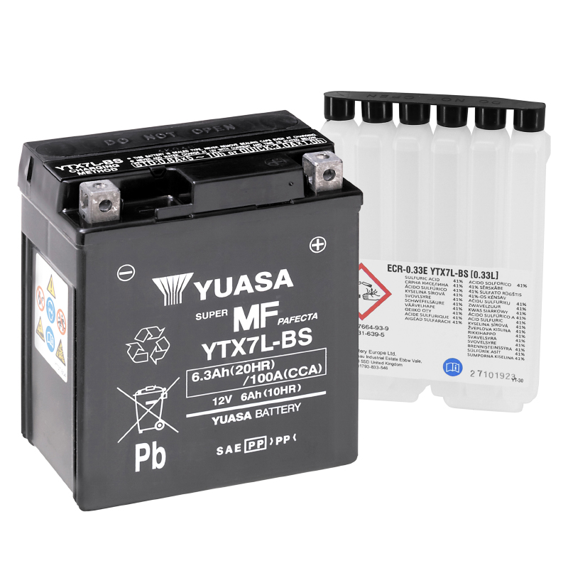 Batterie 12V 6 ah YTX7L-BS Yuasa MF sans entretien livree avec pack acide (lg114xl71xh131mm) - vue 2