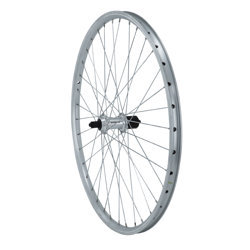 Roue VTT patin blocage 26" ER10 arriere argent moyeu shimano QC300 10-9-8V compatible 7V 36 rayons jante 21C