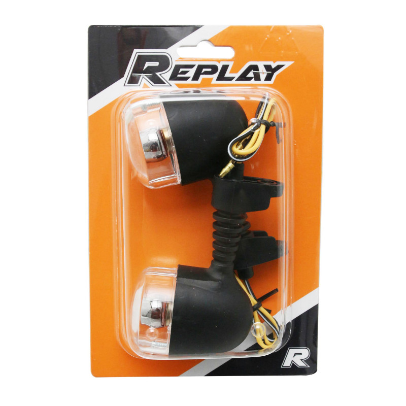 Clignotant adaptable MBK Nitro / Yamaha Aerox / Derbi Senda / Beta RR 50 transparent-noir ampoule miroir orange (paire) - vue 2