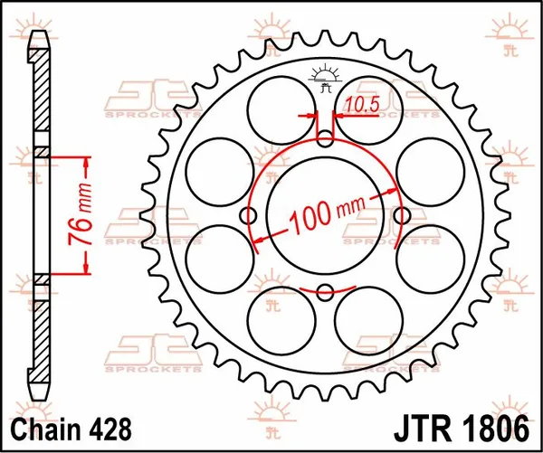 Couronne JT Sprockets 56Z PAS 428 Diamètre Intérieur 076 Entraxe Fixation - vue 3