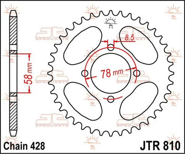 Couronne JT Sprockets 49Z PAS 428 Diamètre Intérieur 058 Entraxe Fixation - vue 3