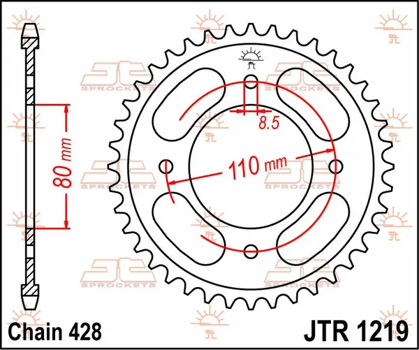 Couronne JT Sprockets 42Z PAS 428 Diamètre Intérieur 080 Entraxe Fixation - vue 2