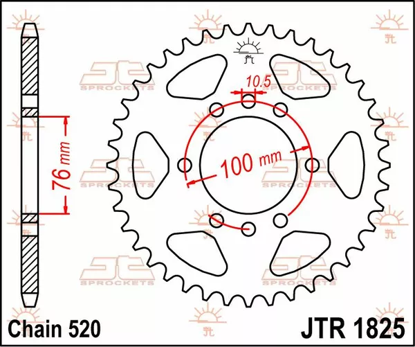 Couronne JT Sprockets 42Z PAS 520 Diamètre Intérieur 076 Entraxe Fixation - vue 3