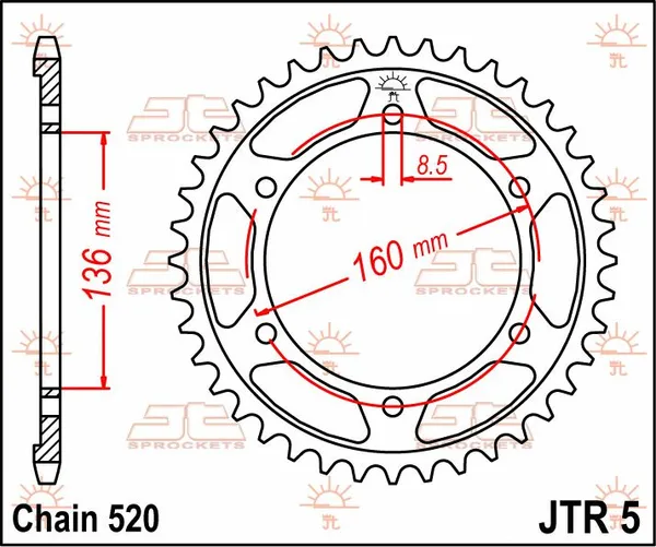 Couronne JT Sprockets 43Z PAS 520 Diamètre Intérieur 136 Entraxe Fixation - vue 4