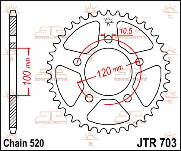 Couronne JT Sprockets 44Z PAS 520 Diamètre Intérieur 100 Entraxe Fixation - vue 2