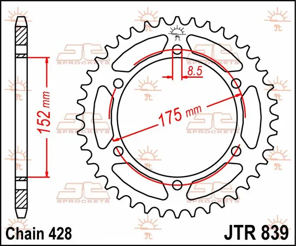 Couronne JT Sprockets 53Z PAS 428 Diamètre Intérieur 152 Entraxe Fixation - vue 3