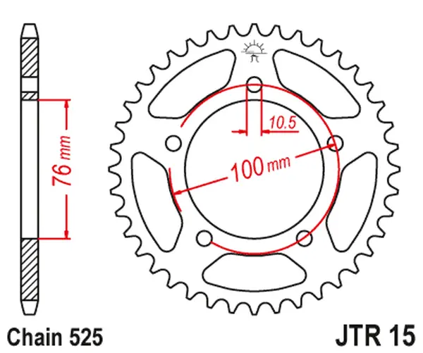 Couronne JT Sprockets 44Z PAS 525 Diamètre Intérieur 076 Entraxe Fixation - vue 3