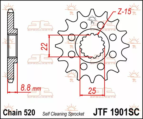 Pignon Racing JT Sprockets 15Z PAS 520 à denture fine diamètre intérieur 22/25 - vue 3