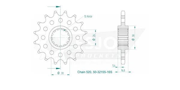 Pignon 16 dents pas 520 Esjot diamètre intérieur 26/30 - vue 3