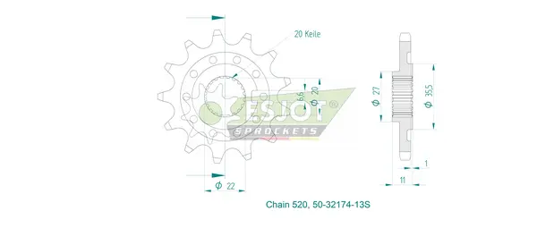 Pignon Racing Esjot 13Z PAS 520 denture fine alésage 20/22 - vue 3