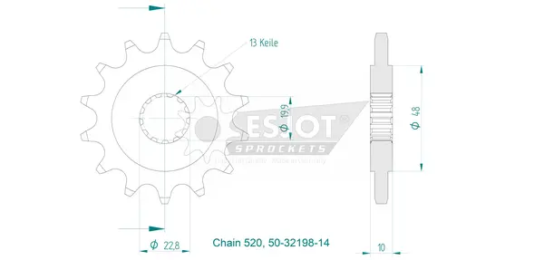 Pignon Esjot 14 dents pas 520 Feinverzahnung diamètre intérieur 19/22 - vue 3