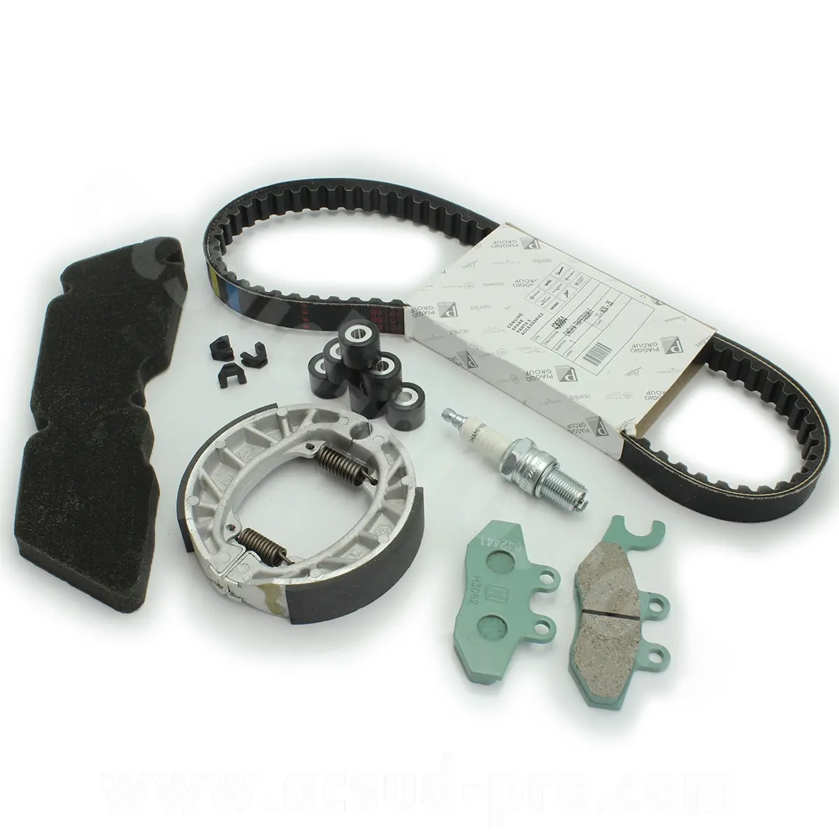 Komplettes Original-Wartungsset für Vespa primavera 50 2T 2013-2017 (Keilriemen / Bremsbeläge / Bremsbacke / Luftfilter / Rollen / Führung / Zündkerze) (OEM : 1R000380)