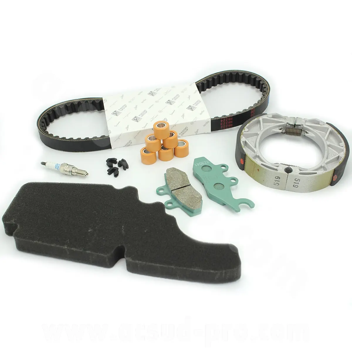 Original Komplettwartungssatz passend für Vespa primavera / sprint 50 cc 4 takt 2013-2017 (riemen / bremsbeläge / bremsbacken / luftfilter / rollen / führung / zündkerze) (OEM : 1R000387)