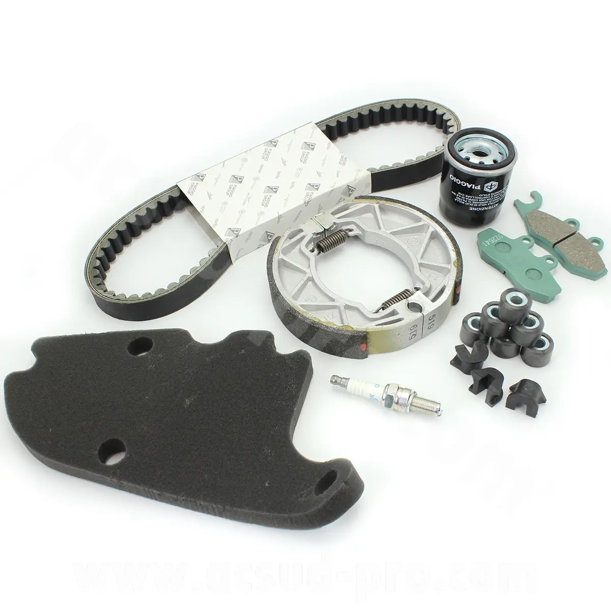 Komplet original servicekit til Piaggio 125 vespa primavera iget 2013-2016 (rem / bremseklodser / bremsebakker / luftfilter / oliefilter / trinser / guide / tændrør) (OEM : 1R000388)