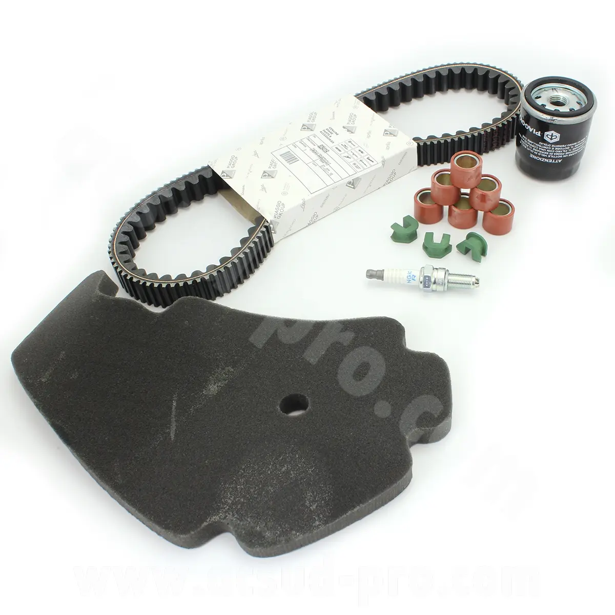 Kit entretien origine Piaggio MP3 300 / Yourban (courroie / filtre à air / filtre à huile / galets / guide / bougie d'allumage) 1R000403