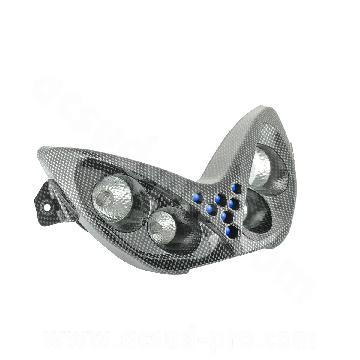 Double optique TNT 4 lampes halogène + LEDs bleu adaptable MBK Nitro / Yamaha Aerox imitation carbone