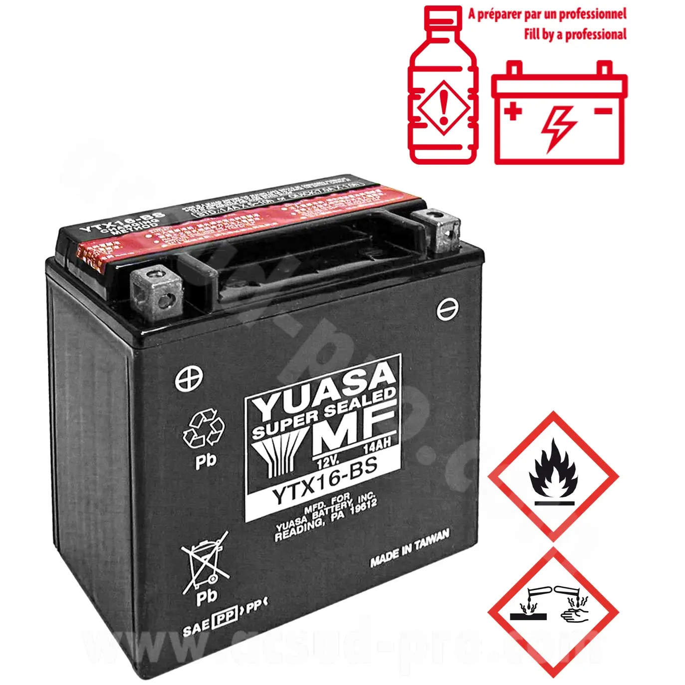 Batterie 12V 14 ah YTX16-BS Yuasa MF sans entretien livree avec pack acide (lg150xl87xh161mm)