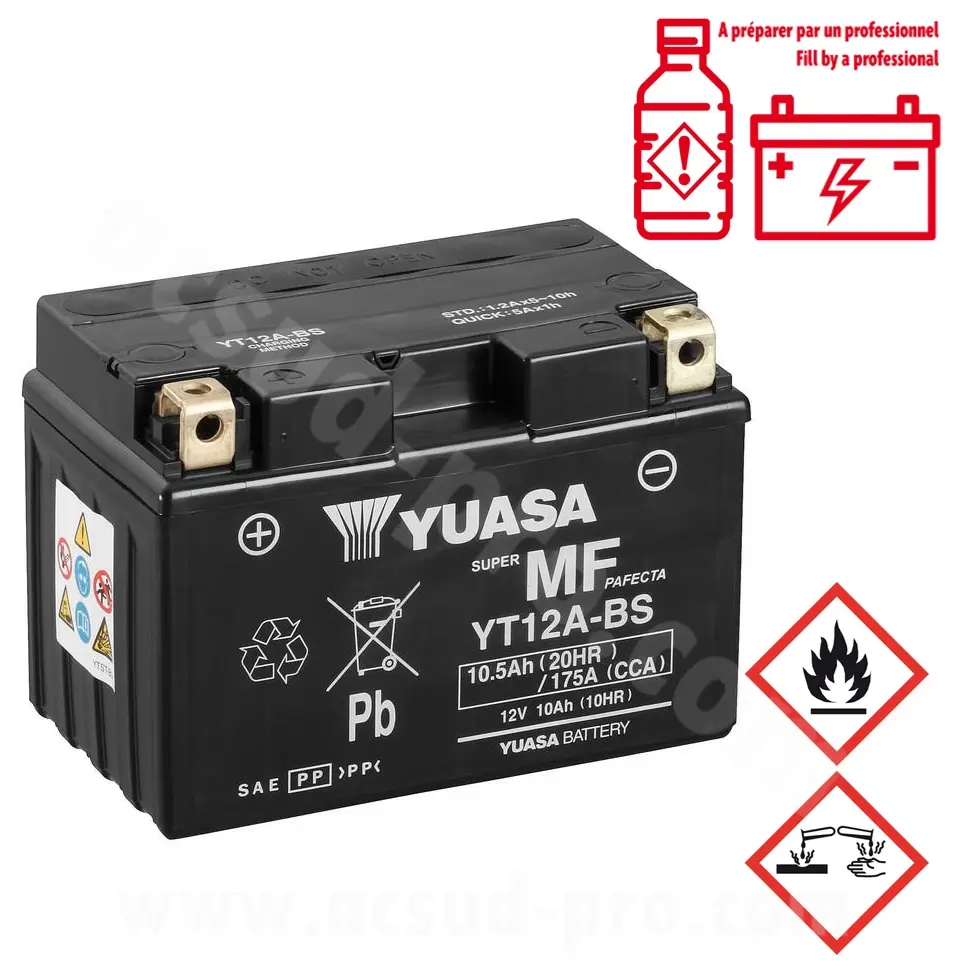 Baterie 12V 10 Ah YT12A-BS Yuasa MF bezúdržbová dodávaná s kyselinovým balíčkem (d150xv87xv105mm)