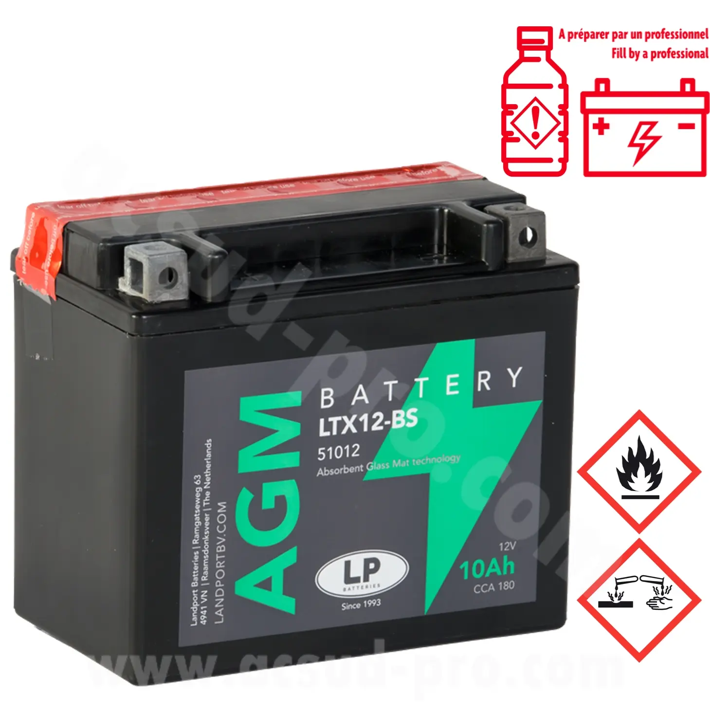 Batterie Landport LTX12-BS 12V 10AH sans entretien agm adapt. (piaggio beverly/liberty/x10 125 cc) (equivalent YTX12-BS)