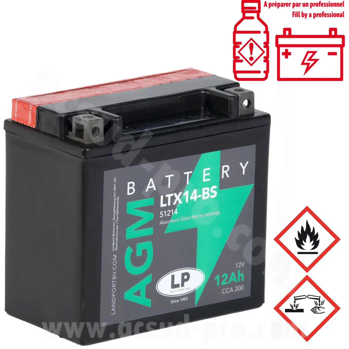 Landport LTX14-BS 12V 12AH مینٹیننس فری AGM بیٹری موافق۔ (piaggio MP3 400-500 cc / vespa GTS 300 cc) (مساوی YTX14-BS)