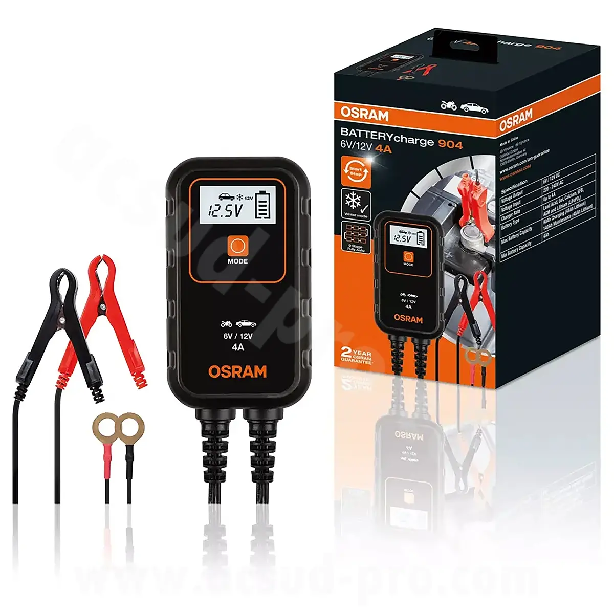 Chargeur de batterie et maintien de charge Osram battery charge 904 automatique 6-12V (convient pour toutes batteries au plomb conventionnelles, sans entretien, lithium, agm et gel jusqu'a 90AH)