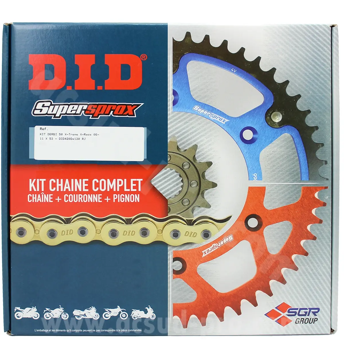 Kit chaîne moto DID adaptable MBK 50 X-Limit SM 07- Chaîne DID 420 (B&B) x 132 maillons RJ 11x58 acier
