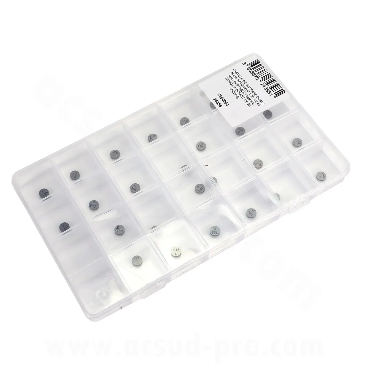 Caixa de pastilhas de válvulas Ø7.48 mm espessura 1.20 a 2.45 mm Honda Yamaha (26 peças)