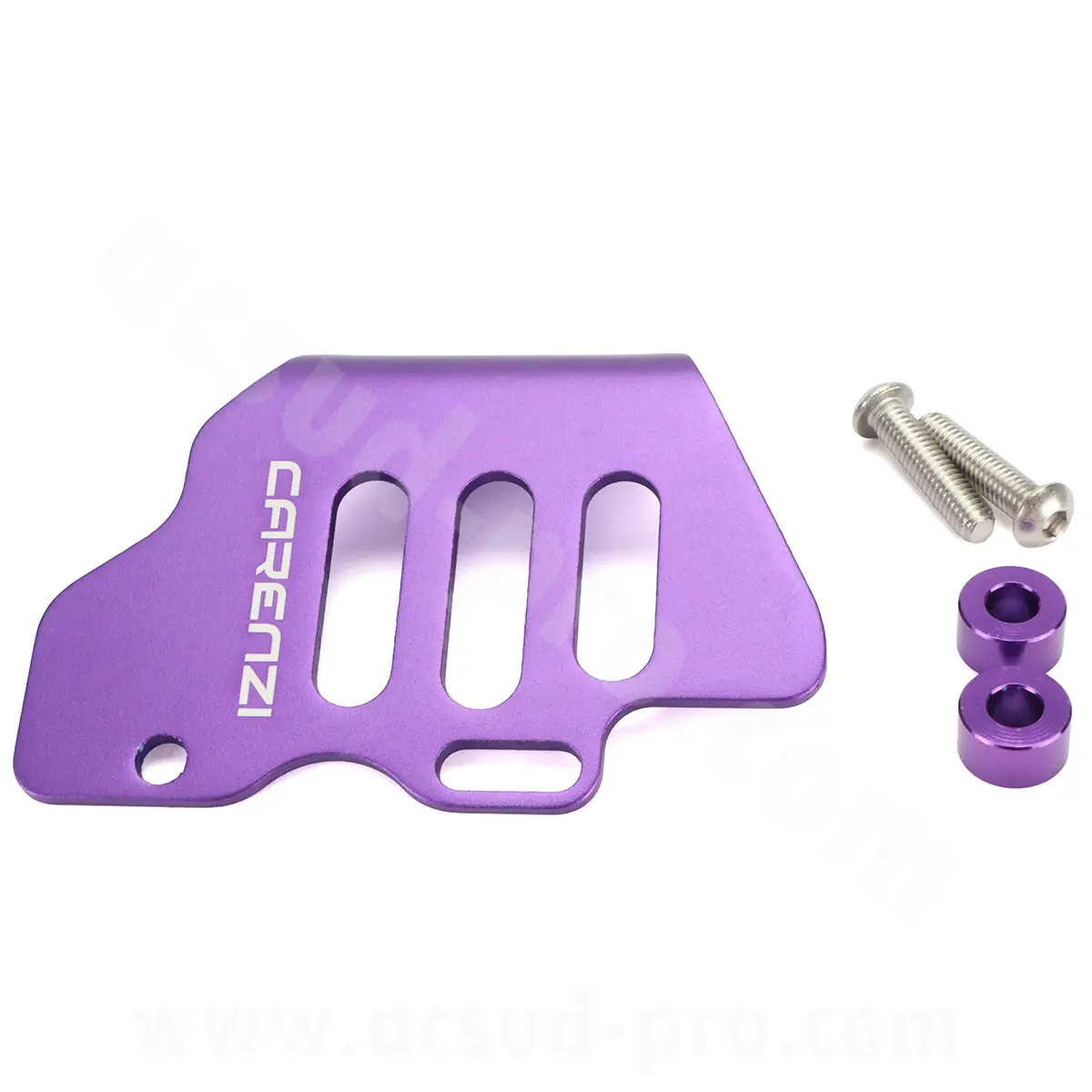 Platine de protection aluminium maître-cylindre arrière Carenzi Evo adaptable mécaboîte 50 cc violet
