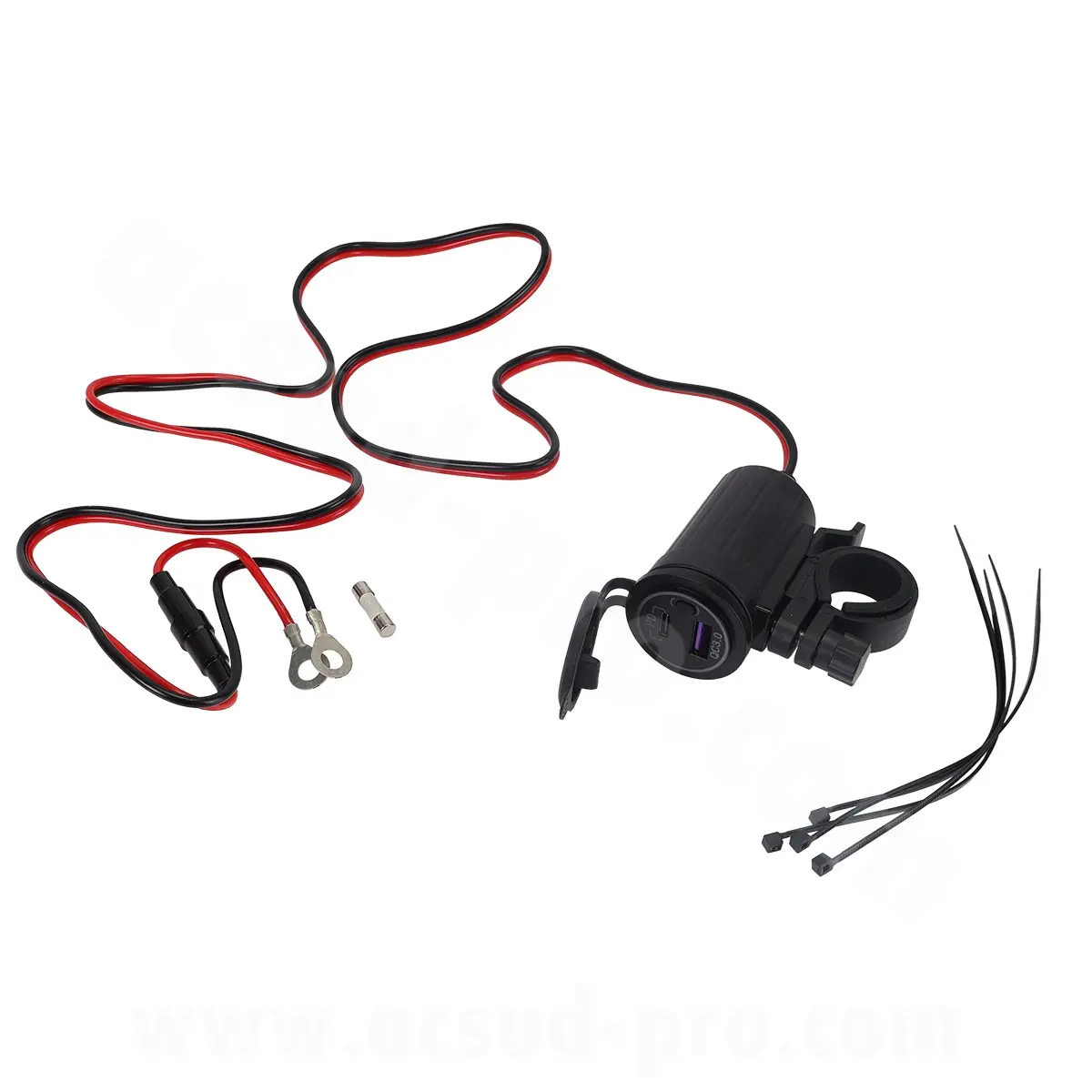 Prise chargeur double usb b + usb c universel moto (DC 12-24V, usb: 5V-3.4A, 9V-2A, 12V-1.5A, type c: 5V-3A, 9V-3A, 12V-2.5A) (fixation guidon)