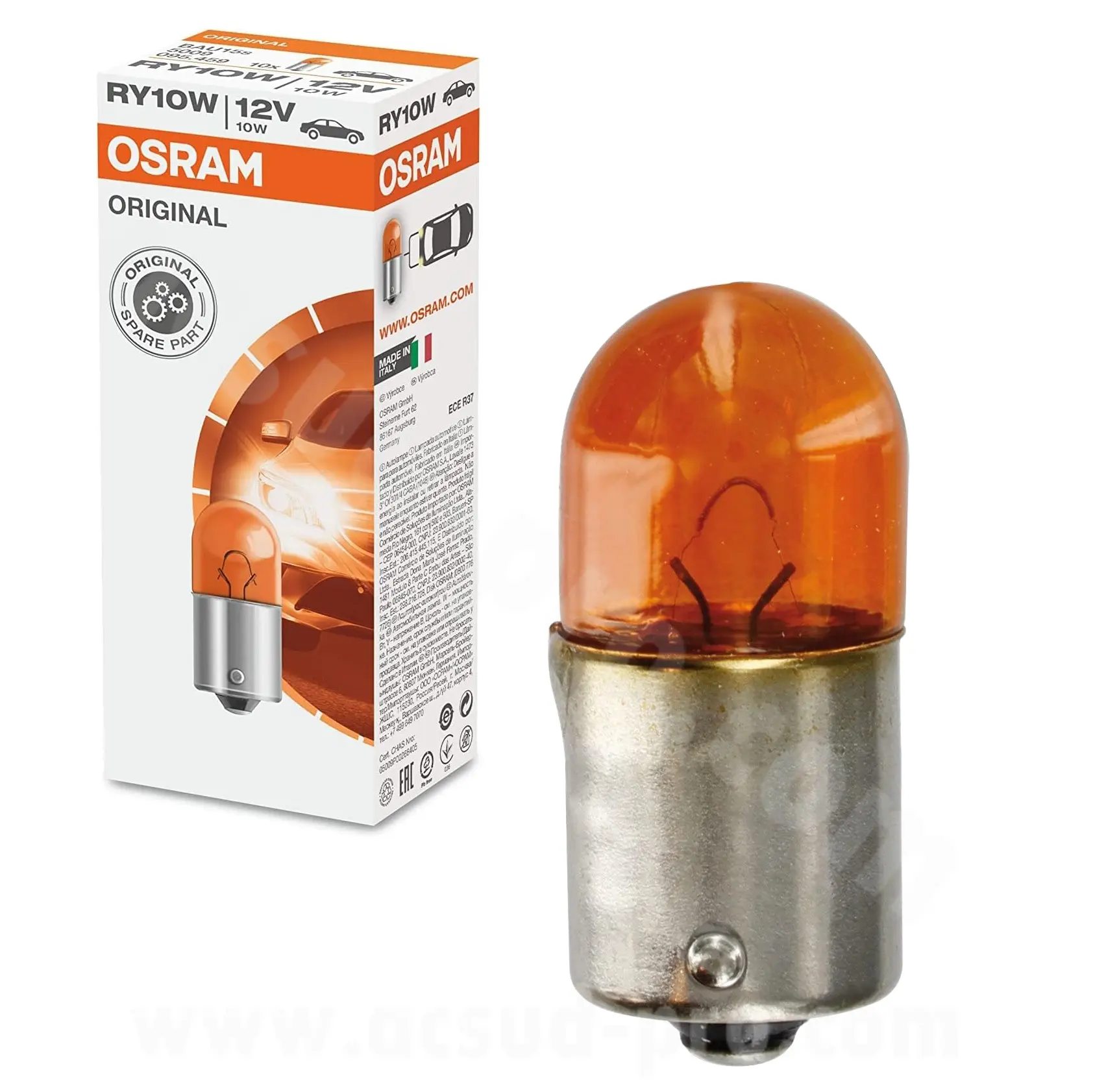 Lamp Osram 12V-10W RY10W voet BAU15S rechte pennen oranje - Doos van 10