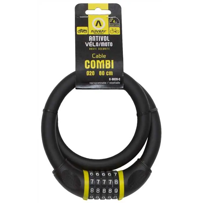 Antivol vélo câble à combinaison Auvray diamètre 20 mm longueur 80 cm noir mat