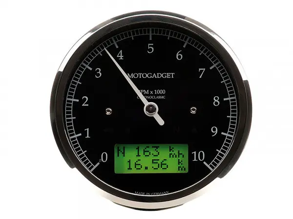 Motogadget Chronoclassic 타코미터, 블랙 하우징, 폴리시드 링, 그린 LCD