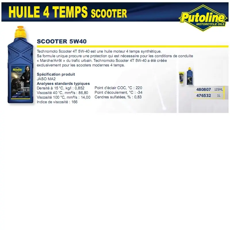 Huile moteur 4 temps synthétique 5W40 PUTOLINE 125 ml