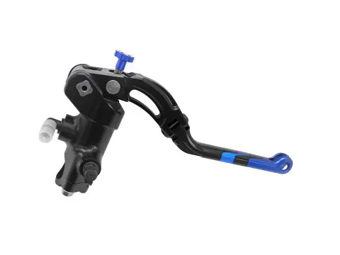 Radialer Bremshauptzylinder ACCOSSATO PRS 19 x 17-18-19 Gehäuse schwarz eloxiert langer verstellbarer Hebel klappbar blau