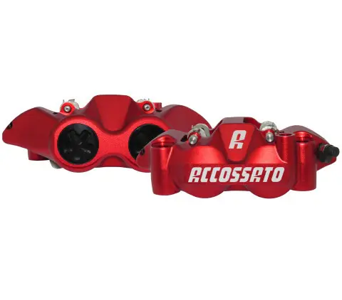 Radial-Bremssättel ACCOSSATO einteilig geschmiedet rot (Paar) mit Keramik-Bremsbelägen, Lochabstand 108 mm, Aluminium-Kolben